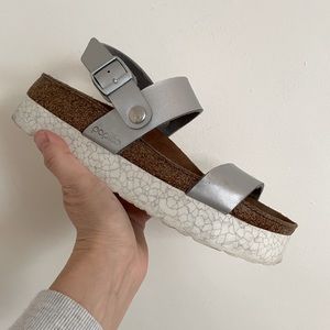 Papillo Birkenstock Silver monochrome Cameron birko-flor platform Sandals Sz 38